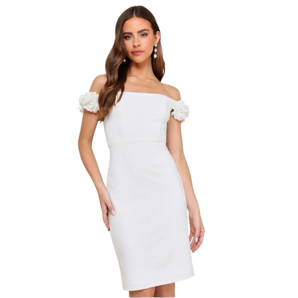 Lulus Mini Dress Womens XS White Floral Bodycon Off Shoulder Pretty Presence LWD